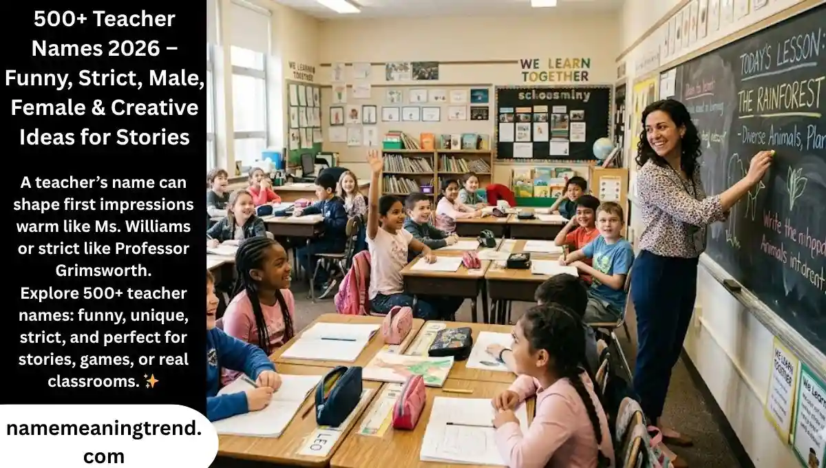 A friendly teacher writing on a blackboard in a bright classroom, illustrating teacher names for stories and real life.