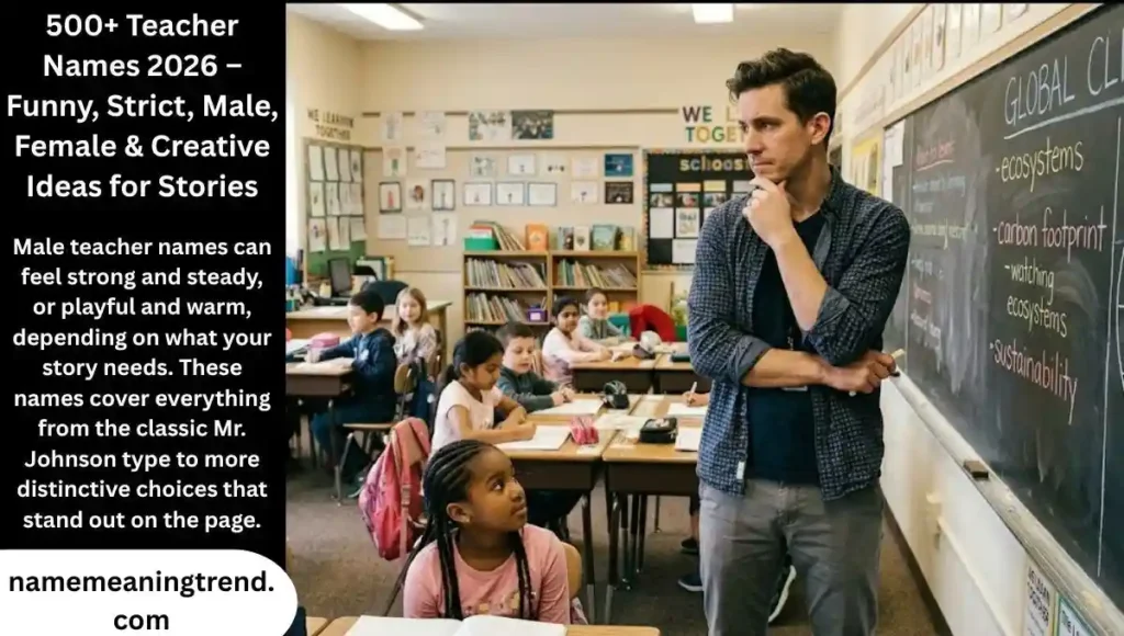 A male teacher standing by a chalkboard in a school classroom, representing best male teacher names for stories and fiction.