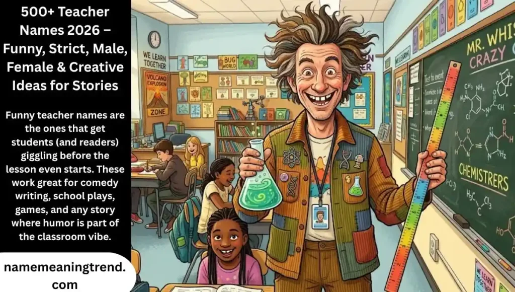 A funny and quirky cartoon-style teacher character illustration representing funny and weird teacher names for stories.