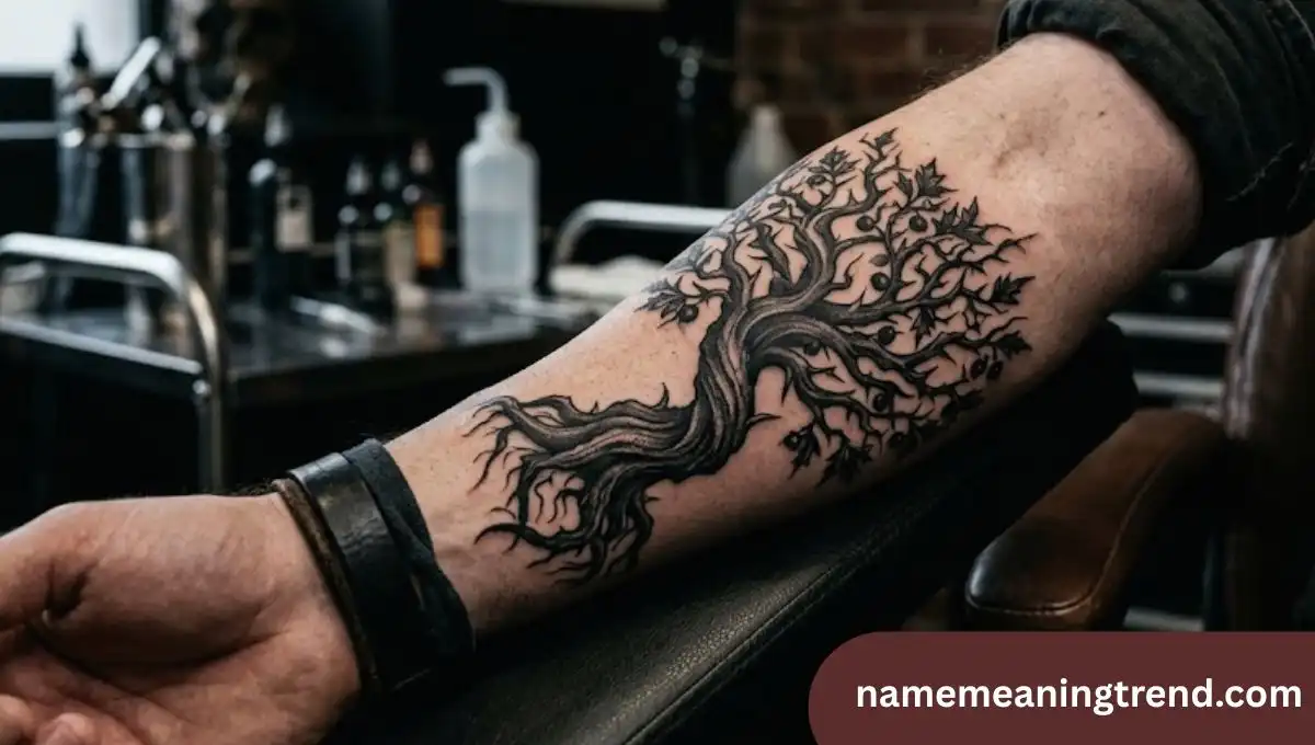 Realistic black and grey poison tree tattoo on forearm with twisted branches and dark roots
