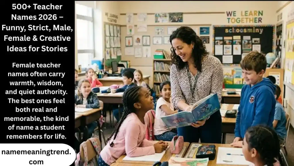 A female teacher smiling and holding a textbook, representing top female teacher names for stories and schools.