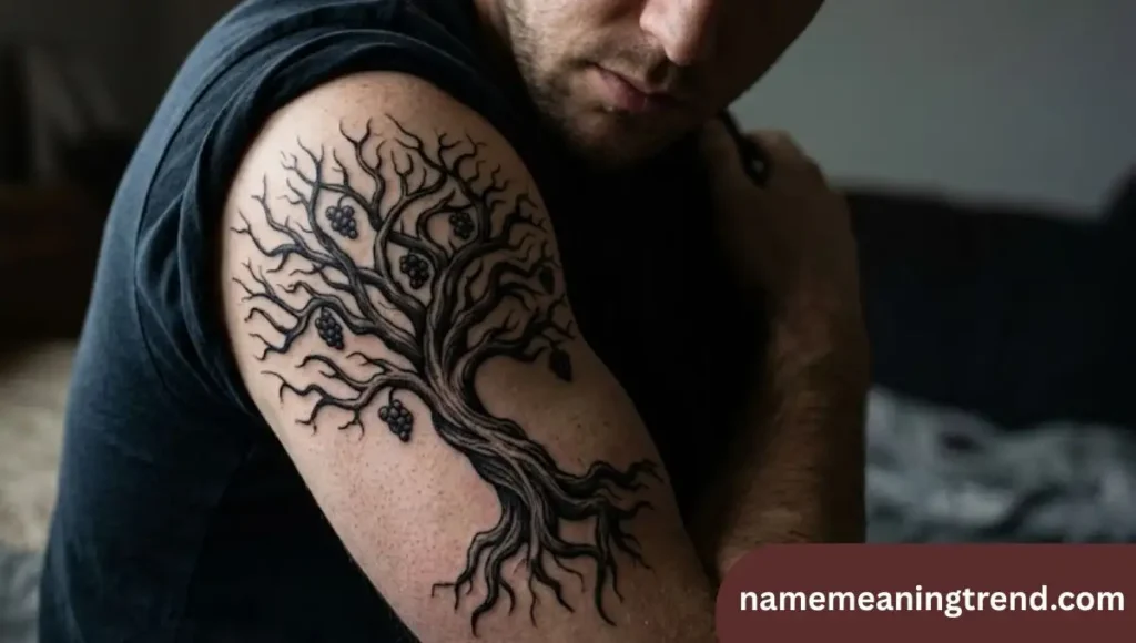Upper arm poison tree tattoo with bare branches and dark fruit in realistic style